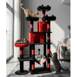 LIKISAK Heavy Duty Cat Tree for Indoor Cat, 71 Inch Large Cat Tower with Scratching Post and Top Perch, Hammock, Big Cat Condo for Adult Cats Kittens, PMT03RD, Black Red