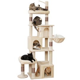 Heavy Duty Cat Tree for Indoor Cat, 74 Inch Cat Tower with Scratching Post, Hanging Basket, Cat Condo with Large Platform for Large Cats, PMT04BW, Beige