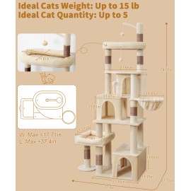 Heavy Duty Cat Tree for Indoor Cat, 74 Inch Cat Tower with Scratching Post, Hanging Basket, Cat Condo with Large Platform for Large Cats, PMT04BW, Beige