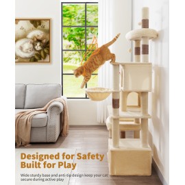 Heavy Duty Cat Tree for Indoor Cat, 74 Inch Cat Tower with Scratching Post, Hanging Basket, Cat Condo with Large Platform for Large Cats, PMT04BW, Beige
