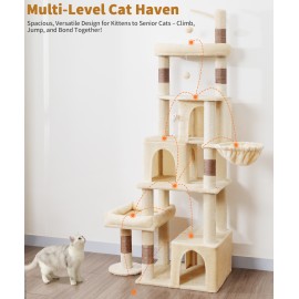 Heavy Duty Cat Tree for Indoor Cat, 74 Inch Cat Tower with Scratching Post, Hanging Basket, Cat Condo with Large Platform for Large Cats, PMT04BW, Beige
