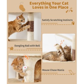 Heavy Duty Cat Tree for Indoor Cat, 74 Inch Cat Tower with Scratching Post, Hanging Basket, Cat Condo with Large Platform for Large Cats, PMT04BW, Beige