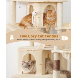 Heavy Duty Cat Tree for Indoor Cat, 74 Inch Cat Tower with Scratching Post, Hanging Basket, Cat Condo with Large Platform for Large Cats, PMT04BW, Beige