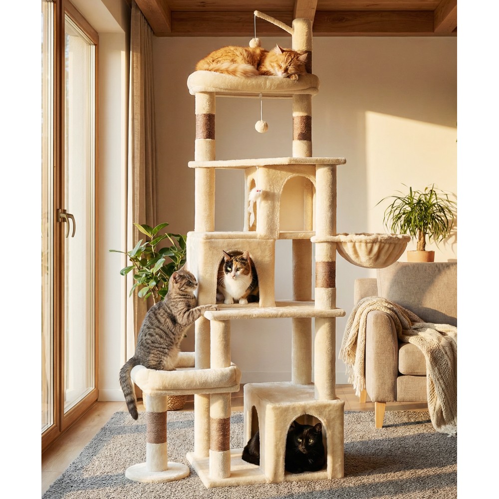 Heavy Duty Cat Tree for Indoor Cat, 74 Inch Cat Tower with Scratching Post, Hanging Basket, Cat Condo with Large Platform for Large Cats, PMT04BW, Beige