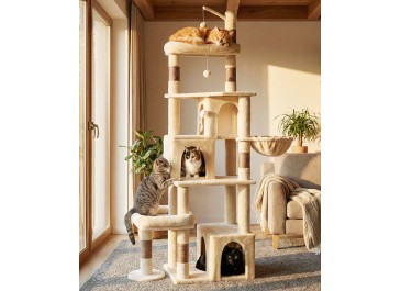 LIKISAK 室内猫用重型猫树，74英寸猫塔，带抓柱、吊篮、大型平台猫公寓，适合大型猫咪，PMT04BW，米色