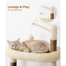 Heavy Duty Cat Tree for Indoor Cat, 74 Inch Cat Tower with Scratching Post, Hanging Basket, Cat Condo with Large Platform for Large Cats, PMT04BW, Beige