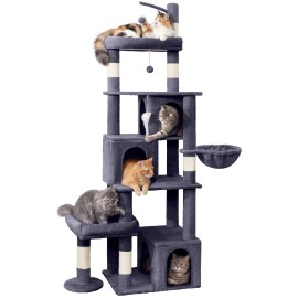 Heavy Duty Cat Tree for Indoor Cat, 74 Inch Cat Tower with Scratching Post, Hanging Basket, Cat Condo with Large Platform for Large Cats, PMT04DG, Dark Grey