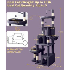 Heavy Duty Cat Tree for Indoor Cat, 74 Inch Cat Tower with Scratching Post, Hanging Basket, Cat Condo with Large Platform for Large Cats, PMT04DG, Dark Grey