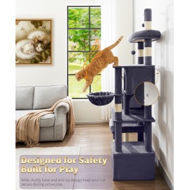 Heavy Duty Cat Tree for Indoor Cat, 74 Inch Cat Tower with Scratching Post, Hanging Basket, Cat Condo with Large Platform for Large Cats, PMT04DG, Dark Grey