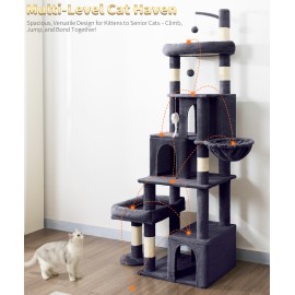 Heavy Duty Cat Tree for Indoor Cat, 74 Inch Cat Tower with Scratching Post, Hanging Basket, Cat Condo with Large Platform for Large Cats, PMT04DG, Dark Grey