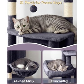 Heavy Duty Cat Tree for Indoor Cat, 74 Inch Cat Tower with Scratching Post, Hanging Basket, Cat Condo with Large Platform for Large Cats, PMT04DG, Dark Grey