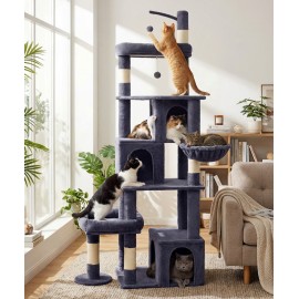 Heavy Duty Cat Tree for Indoor Cat, 74 Inch Cat Tower with Scratching Post, Hanging Basket, Cat Condo with Large Platform for Large Cats, PMT04DG, Dark Grey