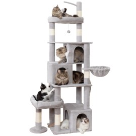 Heavy Duty Cat Tree for Indoor Cat, 74 Inch Cat Tower with Scratching Post, Hanging Basket, Cat Condo with Large Platform for Large Cats, PMT04GY, Grey