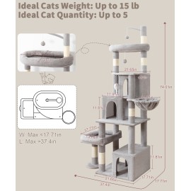 Heavy Duty Cat Tree for Indoor Cat, 74 Inch Cat Tower with Scratching Post, Hanging Basket, Cat Condo with Large Platform for Large Cats, PMT04GY, Grey