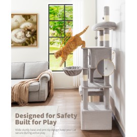 Heavy Duty Cat Tree for Indoor Cat, 74 Inch Cat Tower with Scratching Post, Hanging Basket, Cat Condo with Large Platform for Large Cats, PMT04GY, Grey