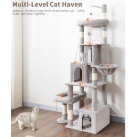 Heavy Duty Cat Tree for Indoor Cat, 74 Inch Cat Tower with Scratching Post, Hanging Basket, Cat Condo with Large Platform for Large Cats, PMT04GY, Grey