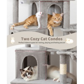 Heavy Duty Cat Tree for Indoor Cat, 74 Inch Cat Tower with Scratching Post, Hanging Basket, Cat Condo with Large Platform for Large Cats, PMT04GY, Grey