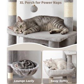 Heavy Duty Cat Tree for Indoor Cat, 74 Inch Cat Tower with Scratching Post, Hanging Basket, Cat Condo with Large Platform for Large Cats, PMT04GY, Grey