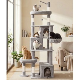 Heavy Duty Cat Tree for Indoor Cat, 74 Inch Cat Tower with Scratching Post, Hanging Basket, Cat Condo with Large Platform for Large Cats, PMT04GY, Grey