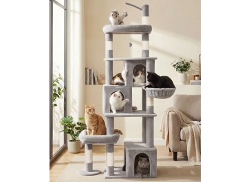 Heavy Duty Cat Tree for Indoor Cat, 74 Inch Cat Tower with Scratching Post, Hanging Basket, Cat Condo with Large Platform for Large Cats, PMT04GY, Grey