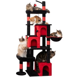 Heavy Duty Cat Tree for Indoor Cat, 74 Inch Cat Tower with Scratching Post, Hanging Basket, Cat Condo with Large Platform for Large Cats, PMT04RD, Black Red