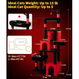 Heavy Duty Cat Tree for Indoor Cat, 74 Inch Cat Tower with Scratching Post, Hanging Basket, Cat Condo with Large Platform for Large Cats, PMT04RD, Black Red