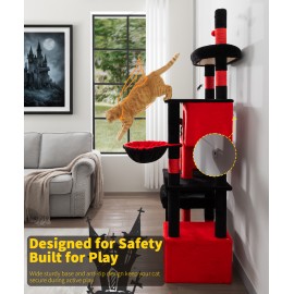 Heavy Duty Cat Tree for Indoor Cat, 74 Inch Cat Tower with Scratching Post, Hanging Basket, Cat Condo with Large Platform for Large Cats, PMT04RD, Black Red