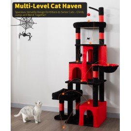 Heavy Duty Cat Tree for Indoor Cat, 74 Inch Cat Tower with Scratching Post, Hanging Basket, Cat Condo with Large Platform for Large Cats, PMT04RD, Black Red