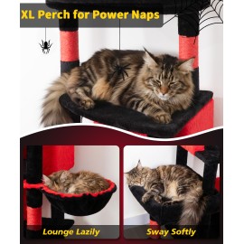 Heavy Duty Cat Tree for Indoor Cat, 74 Inch Cat Tower with Scratching Post, Hanging Basket, Cat Condo with Large Platform for Large Cats, PMT04RD, Black Red