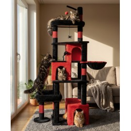 Heavy Duty Cat Tree for Indoor Cat, 74 Inch Cat Tower with Scratching Post, Hanging Basket, Cat Condo with Large Platform for Large Cats, PMT04RD, Black Red