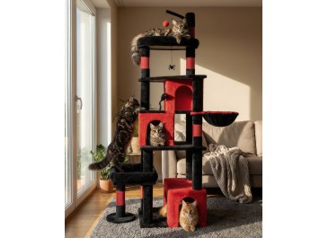 LIKISAK 室内猫用重型猫树，74英寸猫塔，带抓柱、吊篮、大型平台，适合大型猫咪，PMT04RD，黑红色