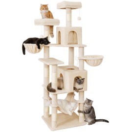 AMHANCIBLE 高猫树，70 英寸室内猫爬架，多层猫树，带抓柱、吊床、悬挂篮，大型猫窝，适合成猫和幼猫，米色，PT18BG