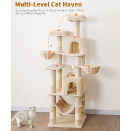 AMHANCIBLE 高猫树，70 英寸室内猫爬架，多层猫树，带抓柱、吊床、悬挂篮，大型猫窝，适合成猫和幼猫，米色，PT18BG