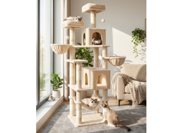 AMHANCIBLE Tall Cat Tree, 70 Inch Cat Tower for Indoor Cats, Multi-Level Cat Tree with Scratching Post, Hammock, Hanging Basket, Large Cat Condos for Adult Cats Kittens, Beige, PT18BG
