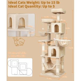 AMHANCIBLE 高猫树，70 英寸室内猫爬架，多层猫树，带抓柱、吊床、悬挂篮，大型猫窝，适合成猫和幼猫，米色，PT18BG