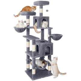 AMHANCIBLE Tall Cat Tree, 70 Inch Cat Tower for Indoor Cats, Multi-Level Cat Tree with Scratching Post, Hammock, Hanging Basket, Large Cat Condos for Adult Cats Kittens, Grey, PT18GY