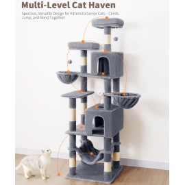 AMHANCIBLE Tall Cat Tree, 70 Inch Cat Tower for Indoor Cats, Multi-Level Cat Tree with Scratching Post, Hammock, Hanging Basket, Large Cat Condos for Adult Cats Kittens, Grey, PT18GY