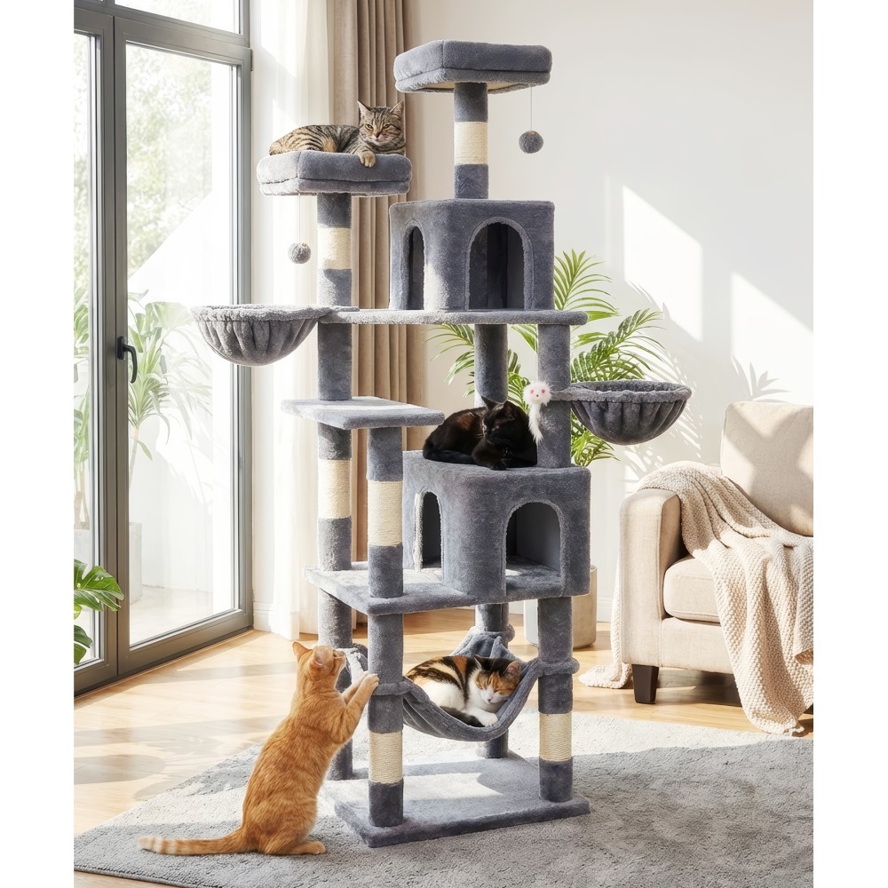 AMHANCIBLE Tall Cat Tree, 70 Inch Cat Tower for Indoor Cats, Multi-Level Cat Tree with Scratching Post, Hammock, Hanging Basket, Large Cat Condos for Adult Cats Kittens, Grey, PT18GY