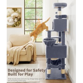 AMHANCIBLE Tall Cat Tree, 70 Inch Cat Tower for Indoor Cats, Multi-Level Cat Tree with Scratching Post, Hammock, Hanging Basket, Large Cat Condos for Adult Cats Kittens, Grey, PT18GY