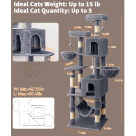 AMHANCIBLE Tall Cat Tree, 70 Inch Cat Tower for Indoor Cats, Multi-Level Cat Tree with Scratching Post, Hammock, Hanging Basket, Large Cat Condos for Adult Cats Kittens, Grey, PT18GY