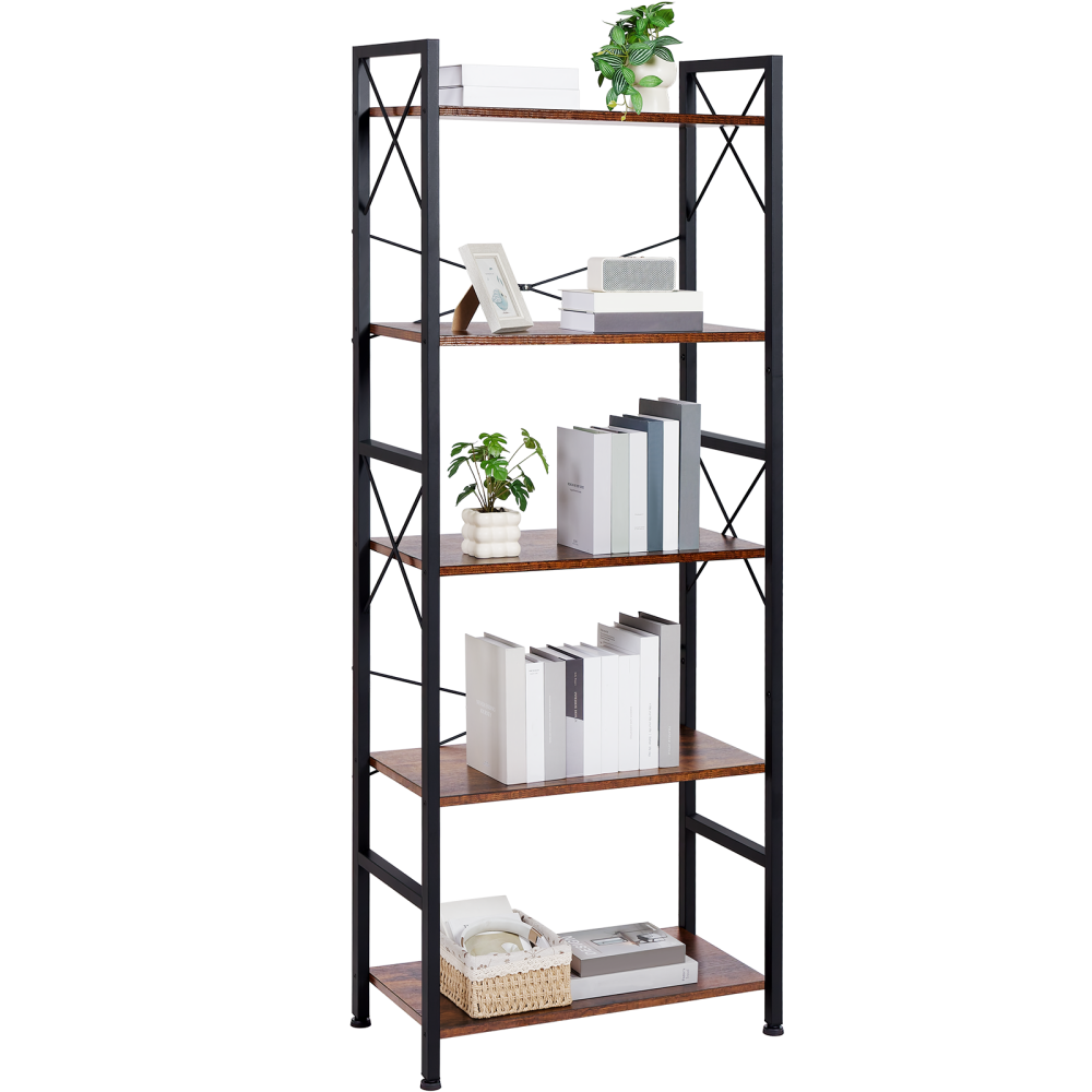 AMHANCIBLE Industrial Bookshelf, 5-Tier 24inch Shelving Unit Wood Bookcase with Open Shelves, Standing Bookshelves Metal Frame Display Rack for Living Room,Bedroom TBS05BR