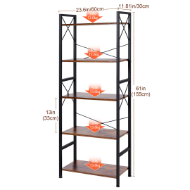 AMHANCIBLE Industrial Bookshelf, 5-Tier 24inch Shelving Unit Wood Bookcase with Open Shelves, Standing Bookshelves Metal Frame Display Rack for Living Room,Bedroom TBS05BR