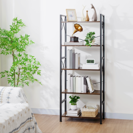 AMHANCIBLE Industrial Bookshelf, 5-Tier 24inch Shelving Unit Wood Bookcase with Open Shelves, Standing Bookshelves Metal Frame Display Rack for Living Room,Bedroom TBS05BR