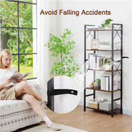 AMHANCIBLE Industrial Bookshelf, 5-Tier 24inch Shelving Unit Wood Bookcase with Open Shelves, Standing Bookshelves Metal Frame Display Rack for Living Room,Bedroom TBS05BR