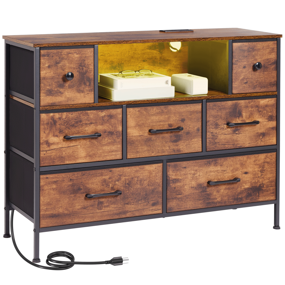 AMHANCIBLE 1pc chest of drawers With charging station, bedside table, USB port, LED light, 7 cloth drawers,metal bracket, sturdy and durable, large storage space,, suitable for bedroom, entrance, living room TD100BR