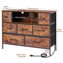 AMHANCIBLE 1pc chest of drawers With charging station, bedside table, USB port, LED light, 7 cloth drawers,metal bracket, sturdy and durable, large storage space,, suitable for bedroom, entrance, living room TD100BR
