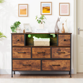 AMHANCIBLE 1pc chest of drawers With charging station, bedside table, USB port, LED light, 7 cloth drawers,metal bracket, sturdy and durable, large storage space,, suitable for bedroom, entrance, living room TD100BR