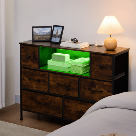 AMHANCIBLE 1pc chest of drawers With charging station, bedside table, USB port, LED light, 7 cloth drawers,metal bracket, sturdy and durable, large storage space,, suitable for bedroom, entrance, living room TD100BR