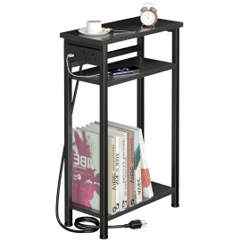 AMHANCIBLE Narrow Side Table, Small End Tables for Small Spaces, 3 Tier Slim Night Stand with Charging Station, Skinny Sofa Beside Table with Storage Shelf, Brown TETN03BK-1