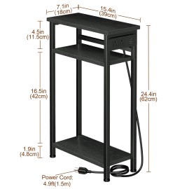 AMHANCIBLE Narrow Side Table, Small End Tables for Small Spaces, 3 Tier Slim Night Stand with Charging Station, Skinny Sofa Beside Table with Storage Shelf, Brown TETN03BK-1